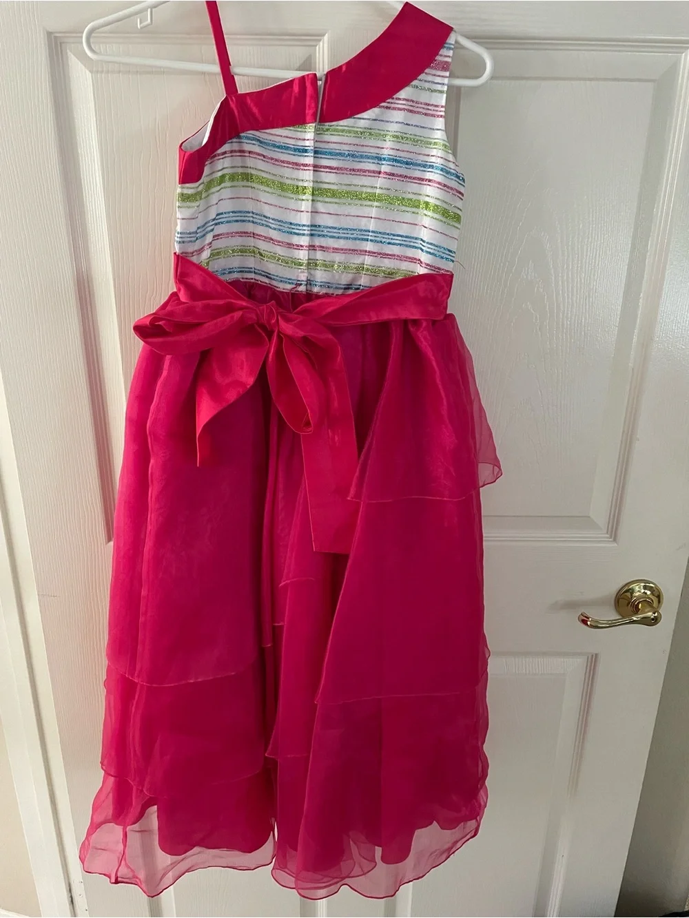 Girls' Hot Pink One-Shoulder Party Dress with Striped Bodice